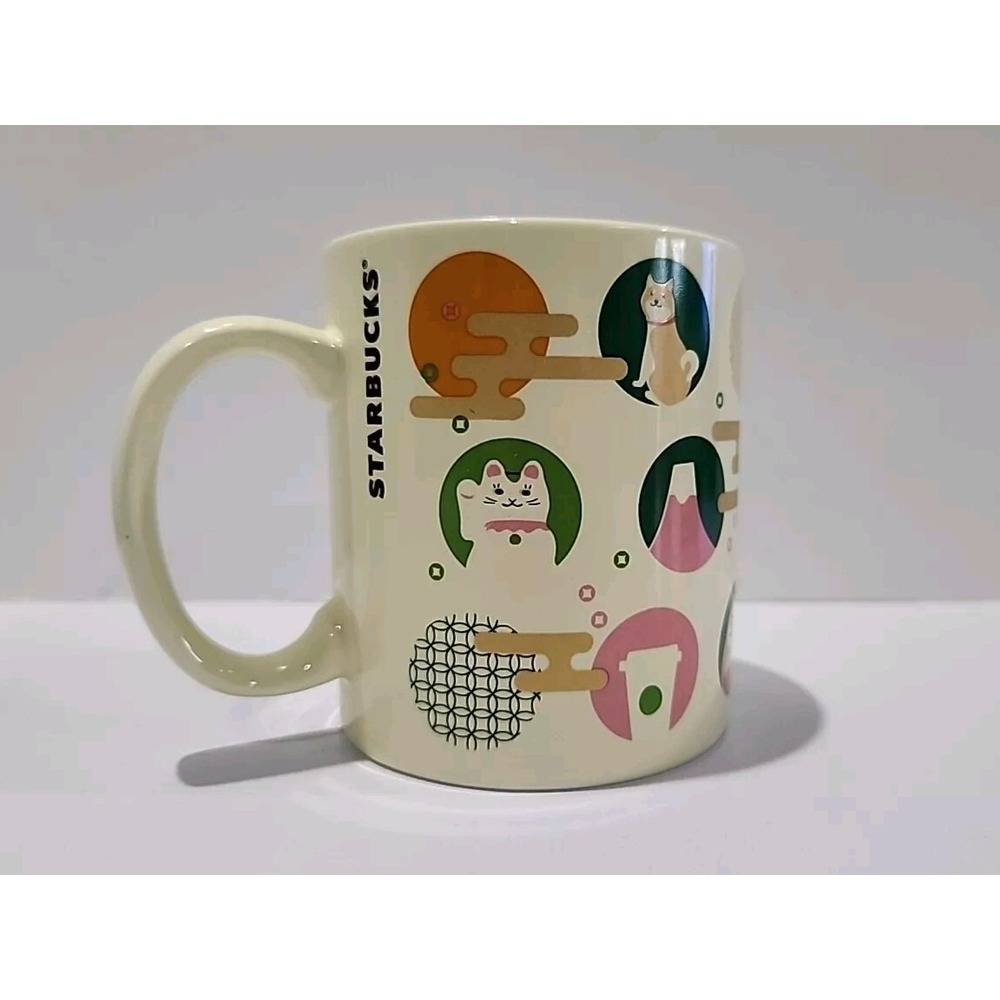 Starbucks Japan Shiba Inu Lucky Cat Daruma Mt Fuji Coffee Mug 12oz Made in Japan